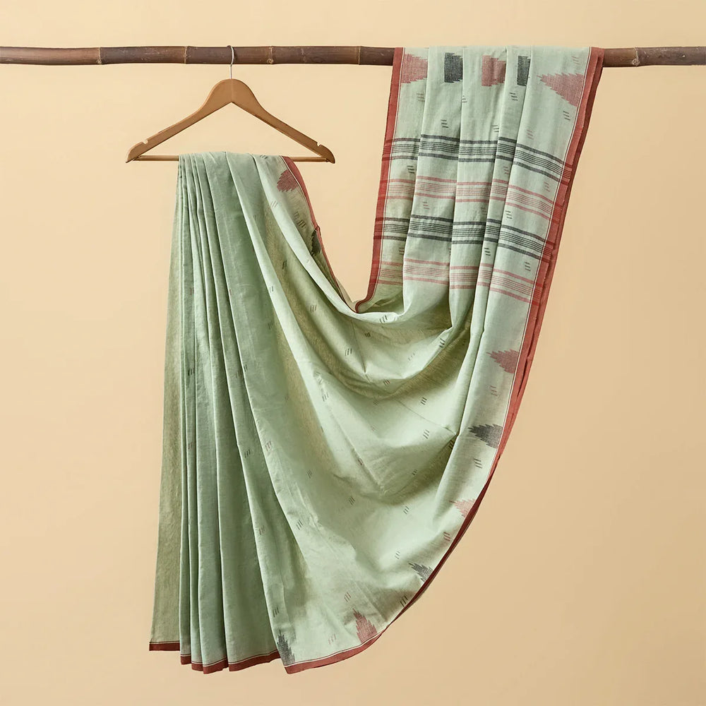 Cotton Jamdani Moss Green with Red