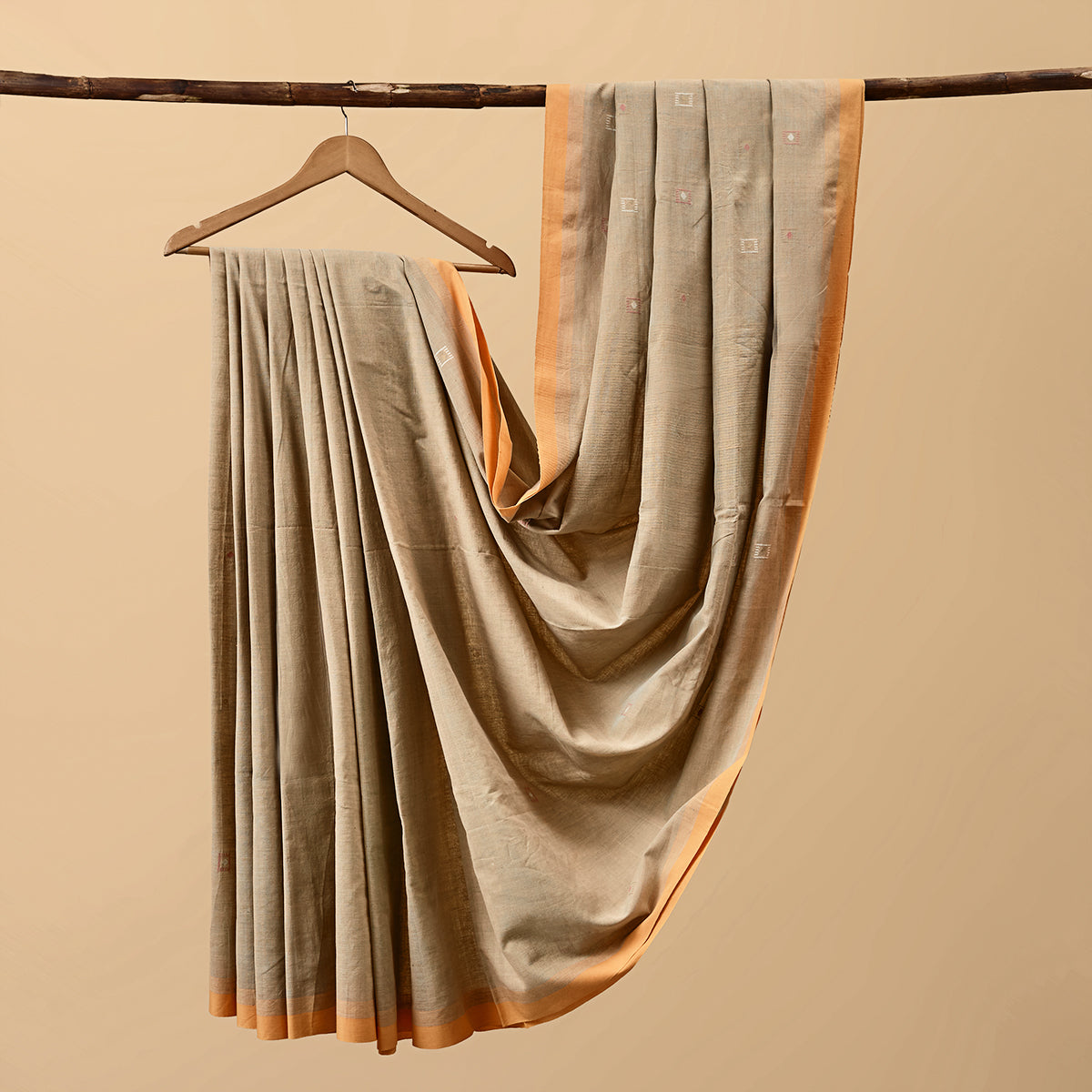 Cotton Jamdani Beige with Orange Border