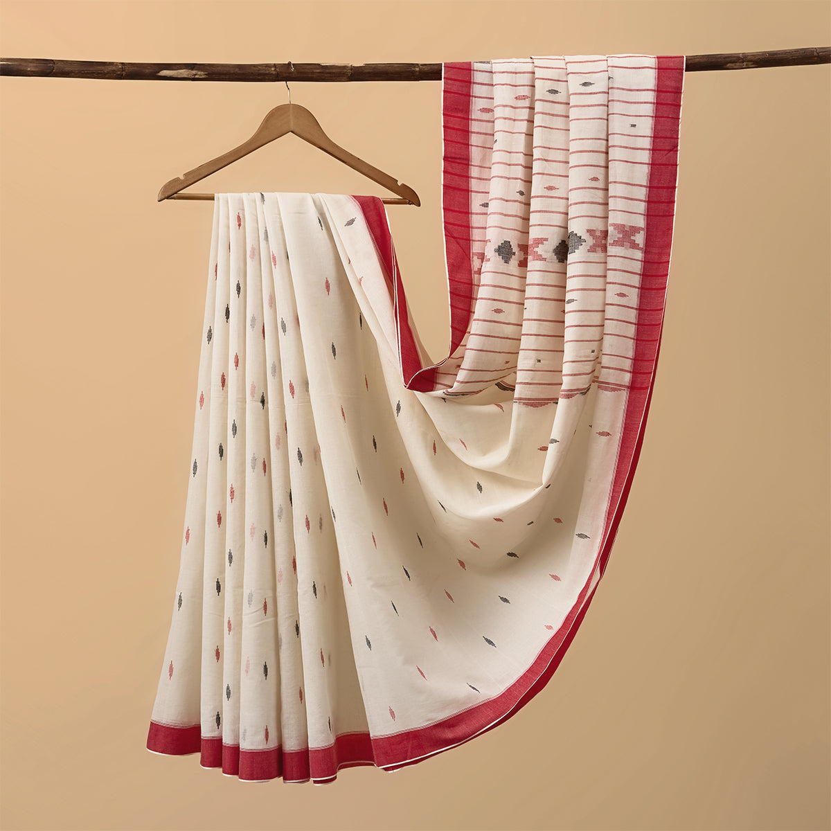 Cotton Jamdani White and Red Pattern