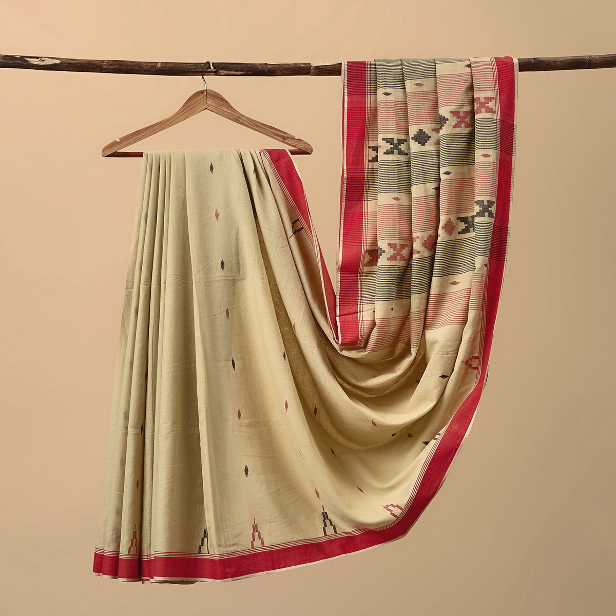 Cotton Jamdani Beige with Red Border