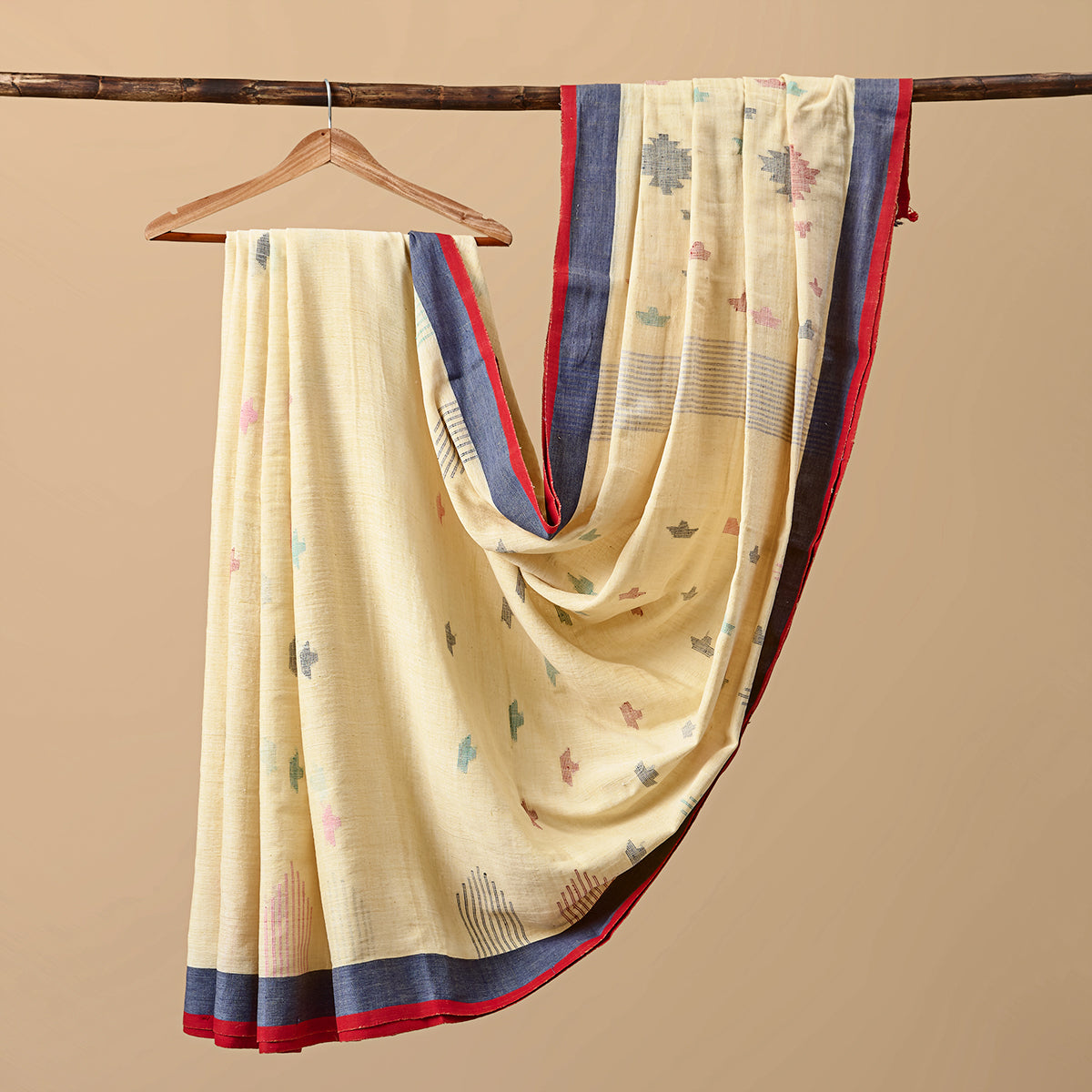 Cotton Jamdani Beige with Blue Border