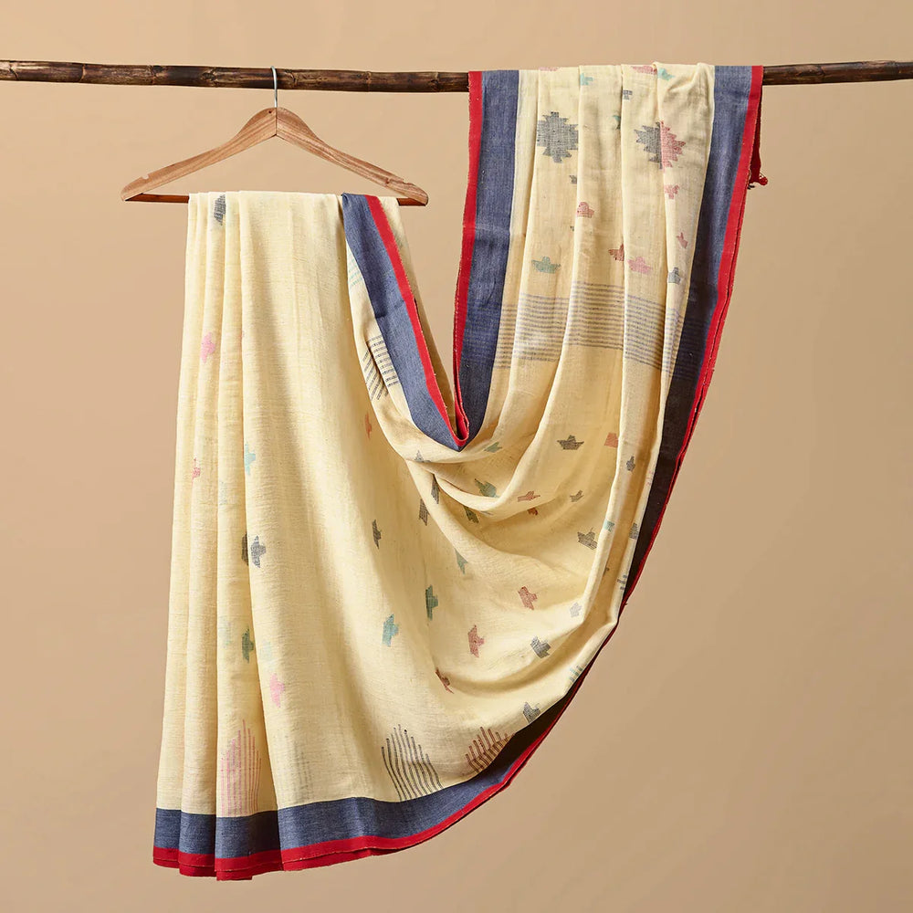 Cotton Jamdani Beige with Blue Border