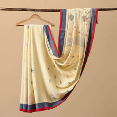 Cotton Jamdani Beige with Blue Border