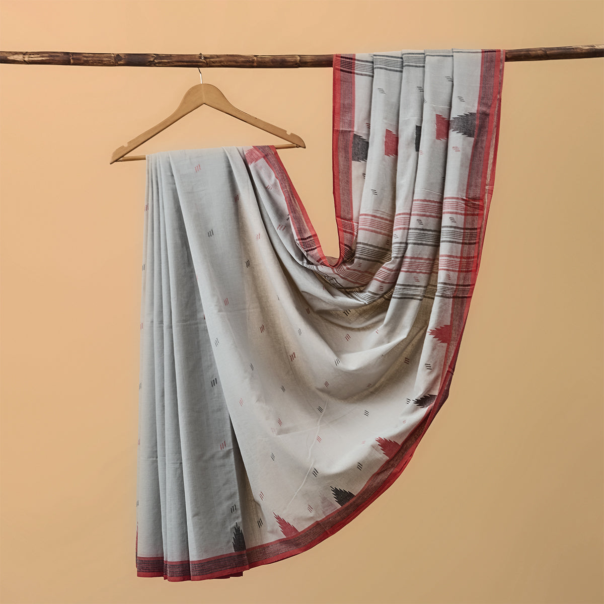 Cotton Jamdani Grey with Red Border