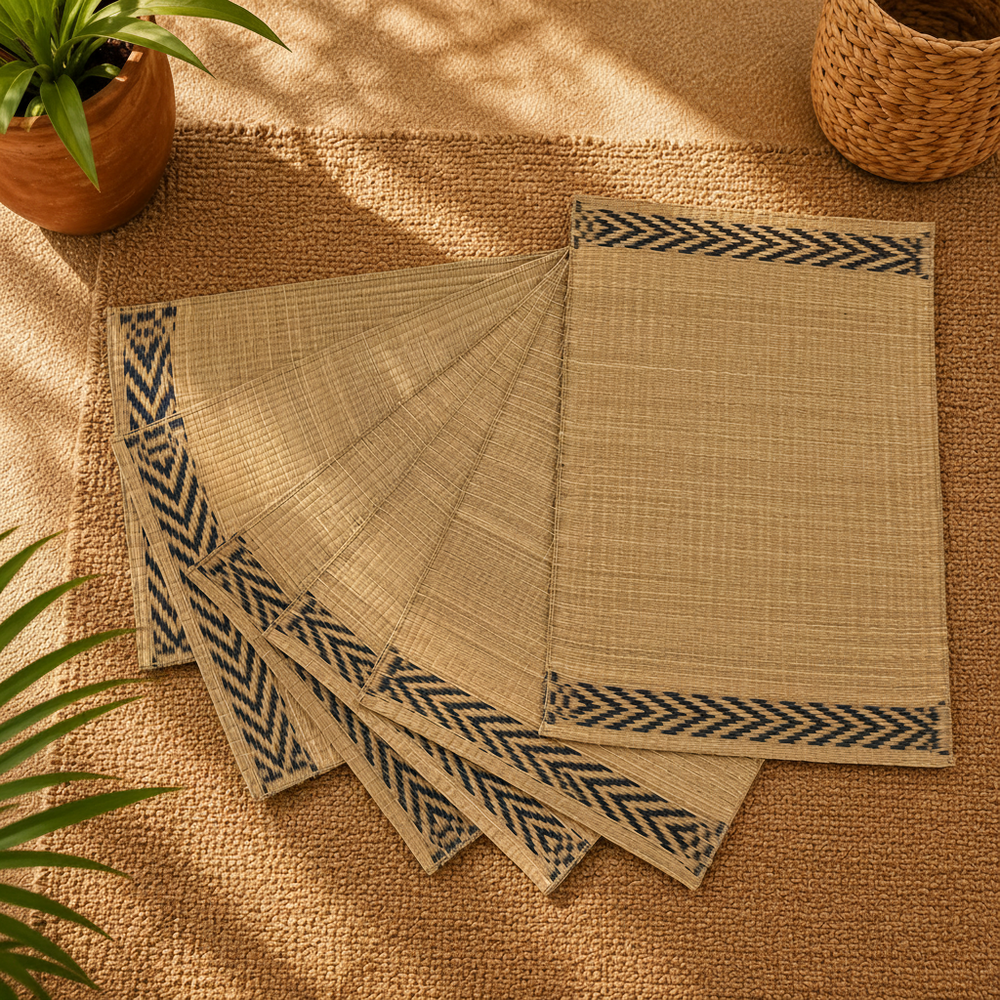 Handwoven Madur Mat Beige & Blue- (Set of 6)