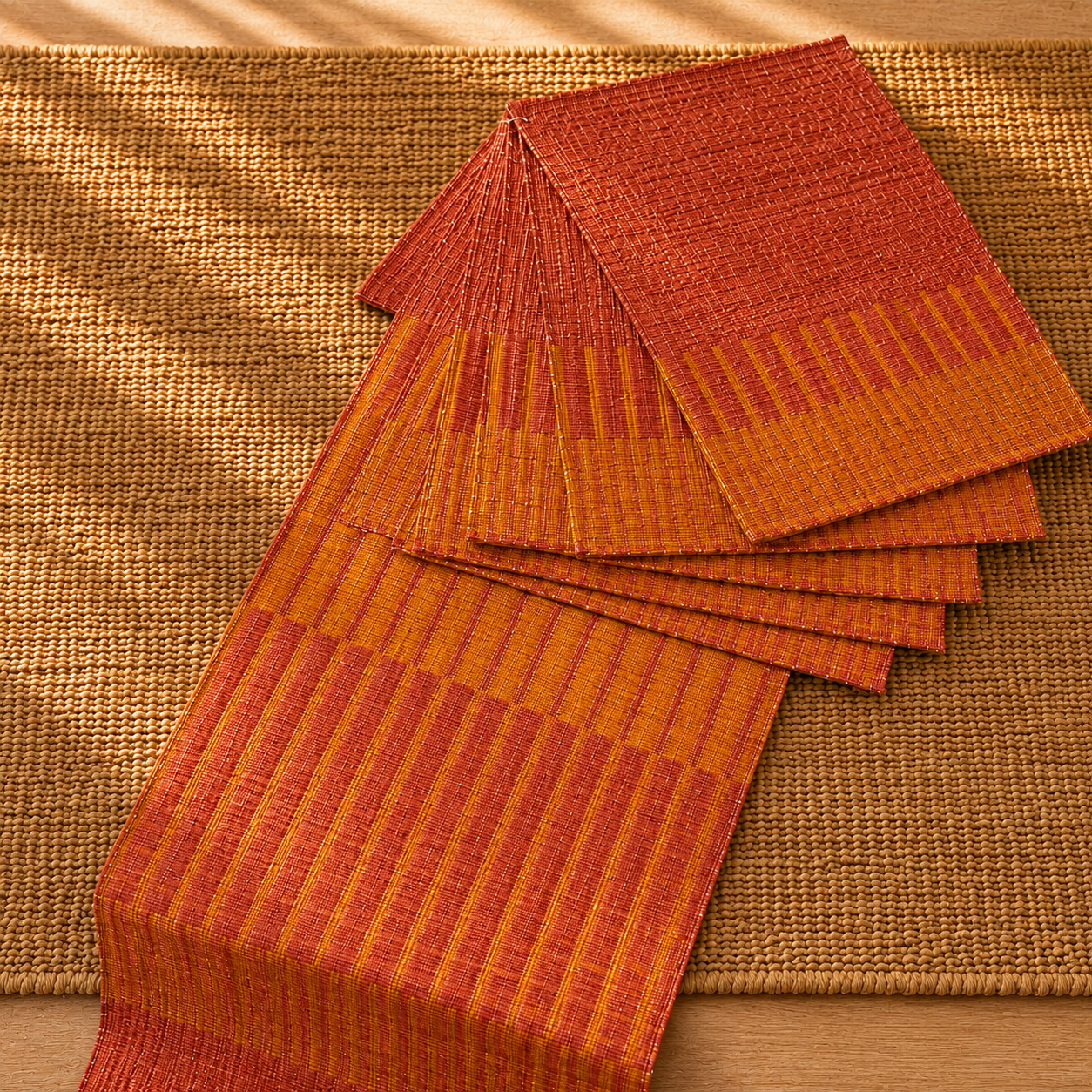 Handwoven Madur Runner and Mats Set (Red Shade)