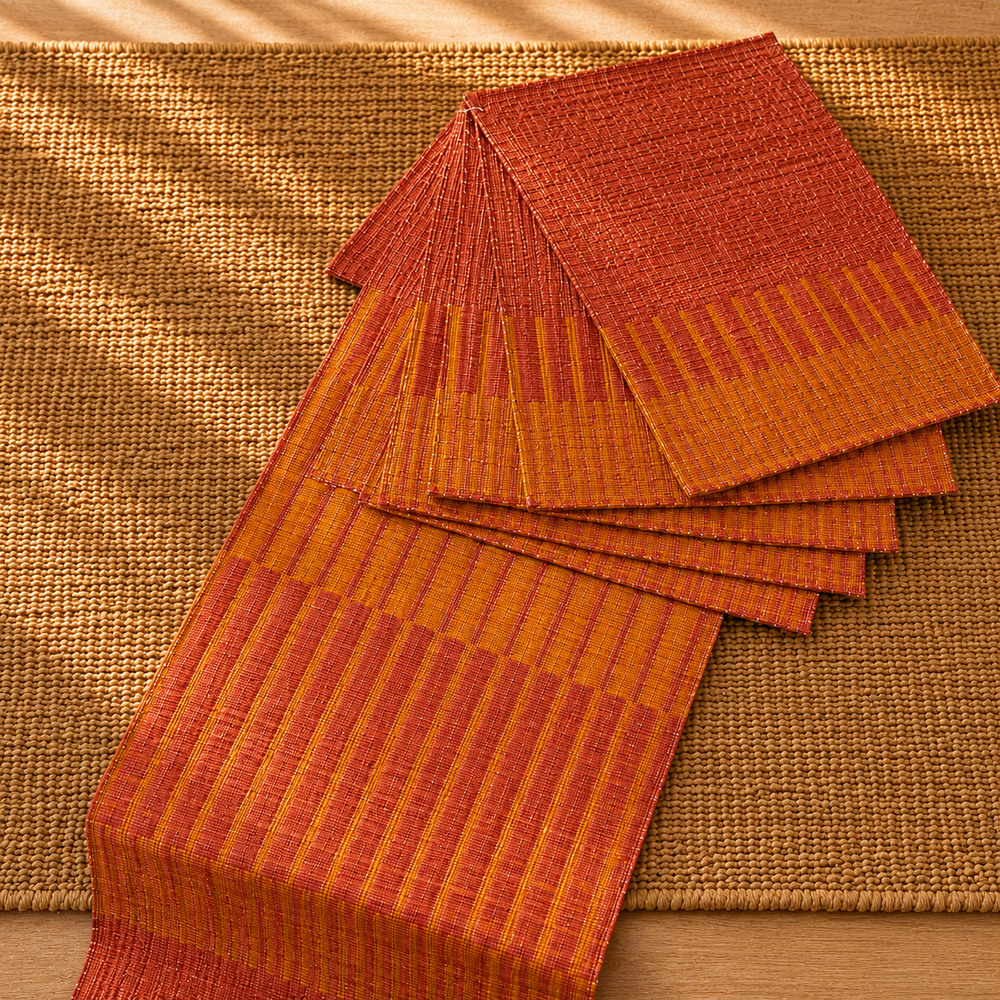 Handwoven Madur Runner and Mats Set (Red Shade)