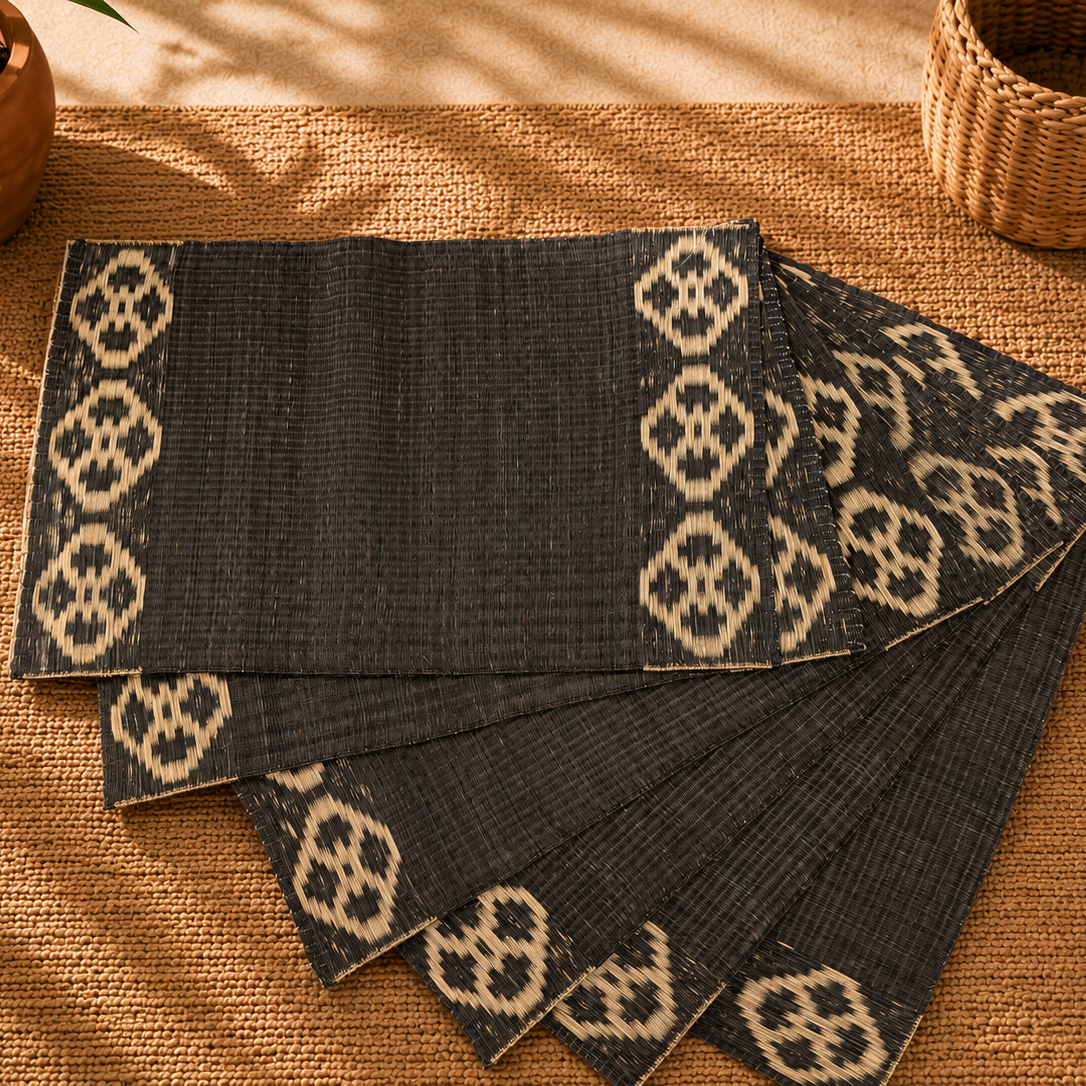 Handwoven Madur Mat Black- (Set of 6)