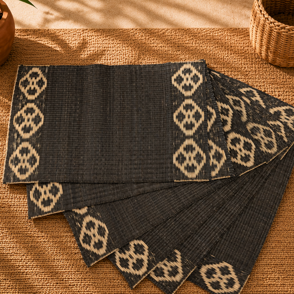 Handwoven Madur Mat Black- (Set of 6)