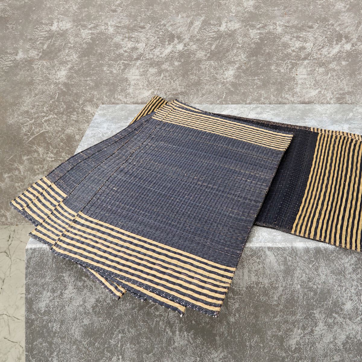 Handwoven Madur Runner and Mats Set 4 (B&W)