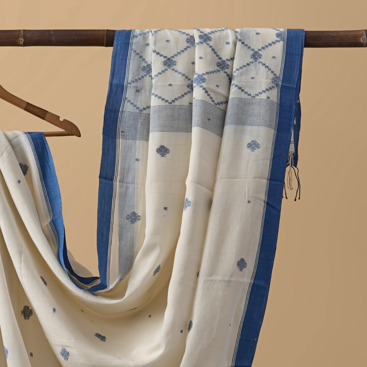 Cotton Jamdani White with Blue Pattern