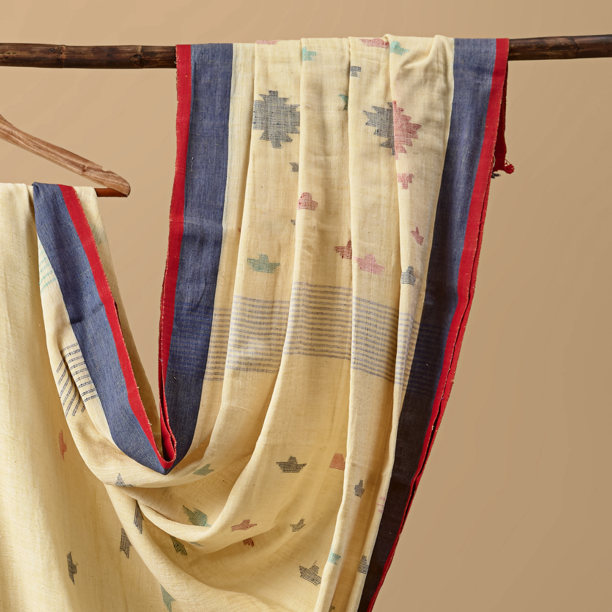 Cotton Jamdani Beige with Blue Border