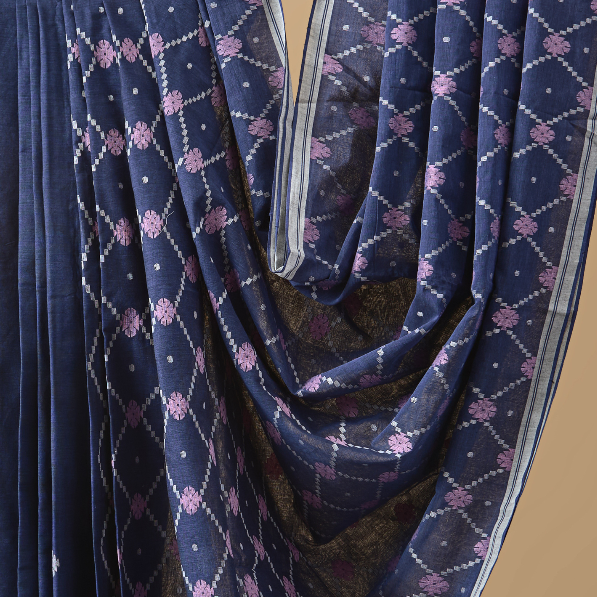 Cotton Jamdani Indigo and Pink