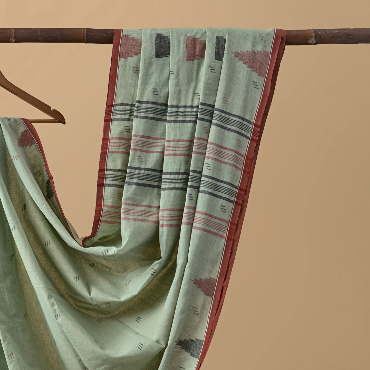 Cotton Jamdani Moss Green with Red