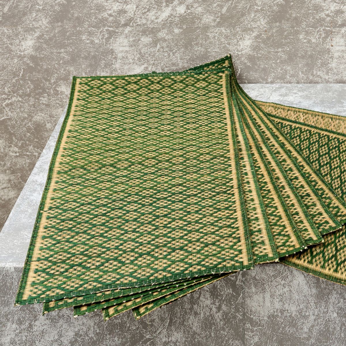 Handwoven Madur Runner and Mats Set (Green Pattern)