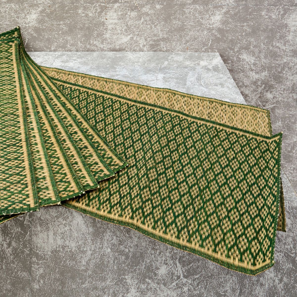 Handwoven Madur Runner and Mats Set (Green Pattern)