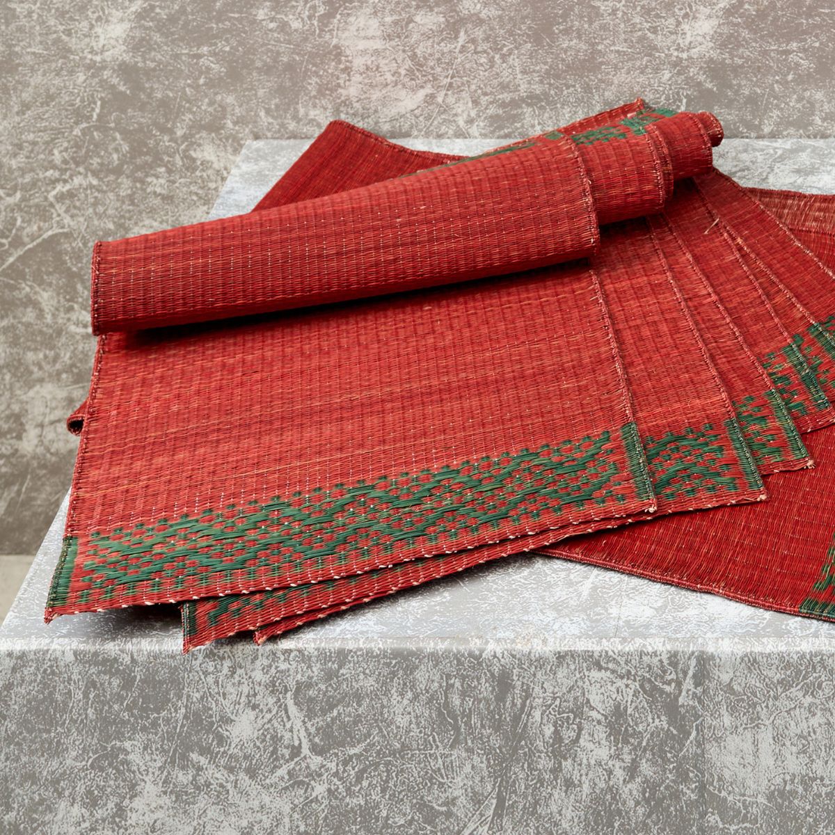 Handwoven Madur Runner and Mats Set (Red and Green)