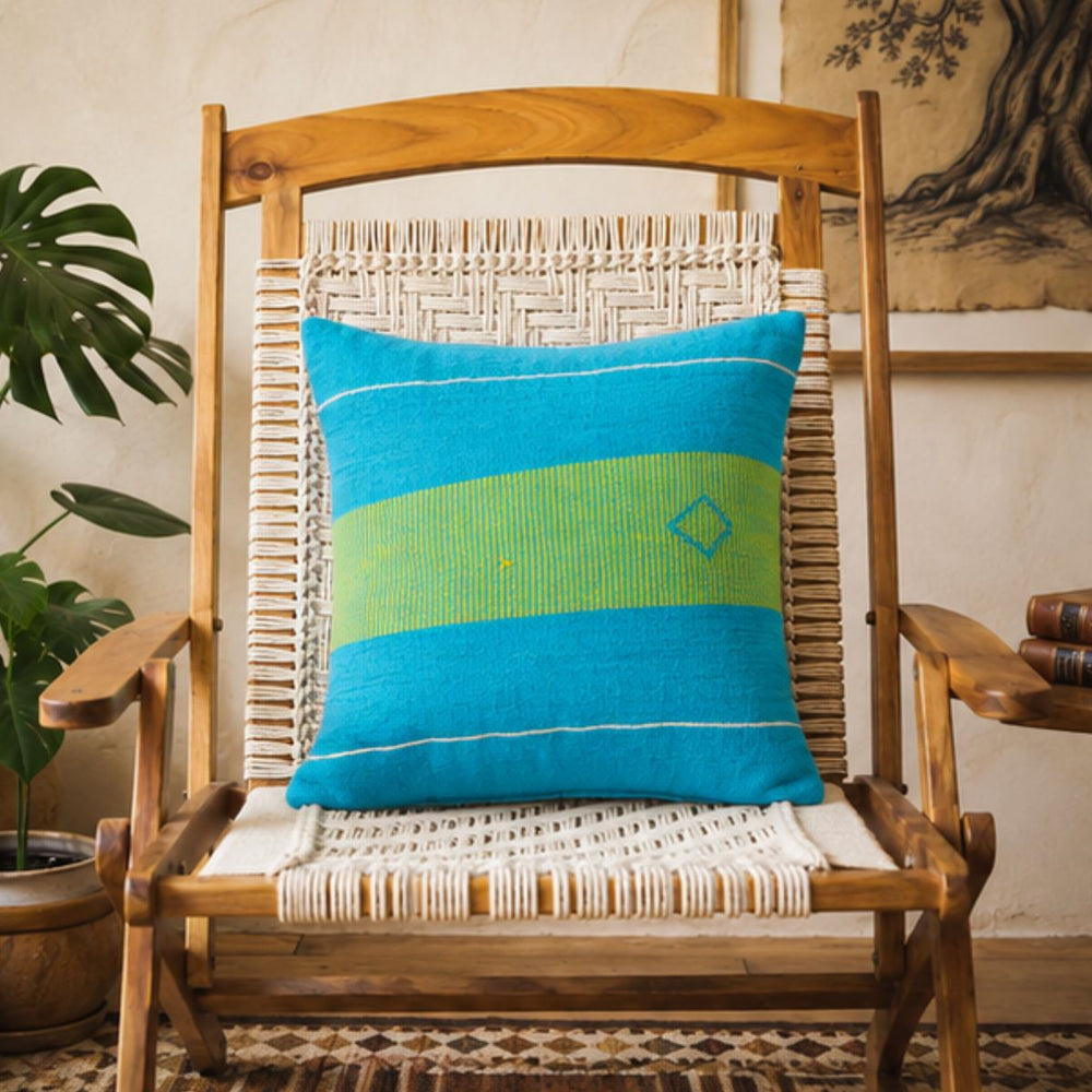 Handwoven Dhokra Cushion Cover (Sky)- 16"