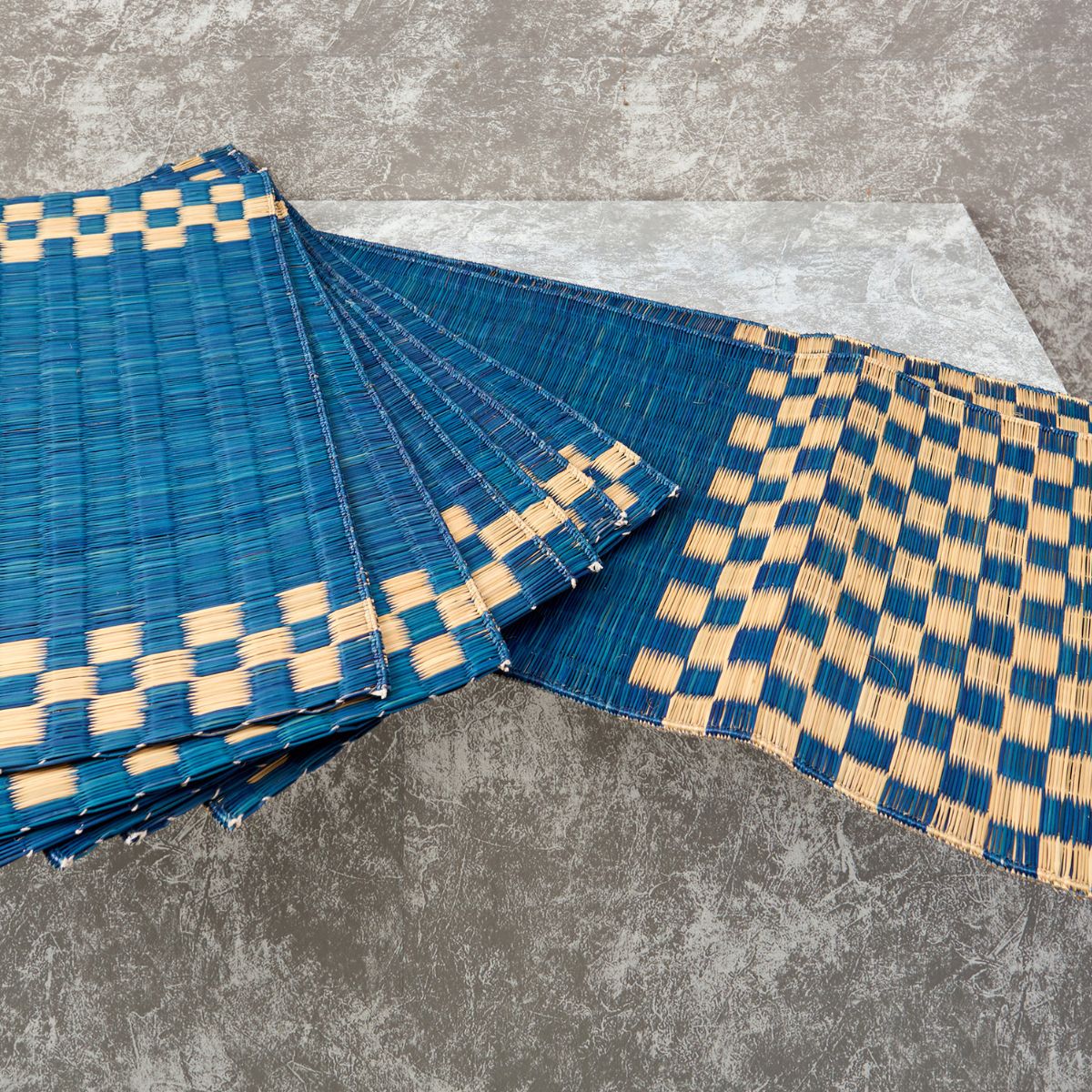 Handwoven Madur Runner and Mats Set- Erokha (Blue)