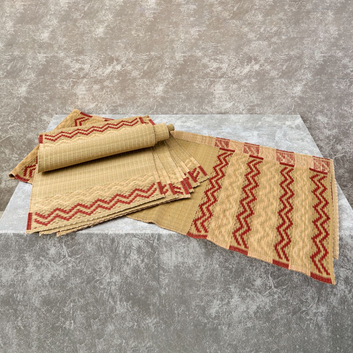 Handwoven Madur Runner and Mats Set (Beige with Red Border)