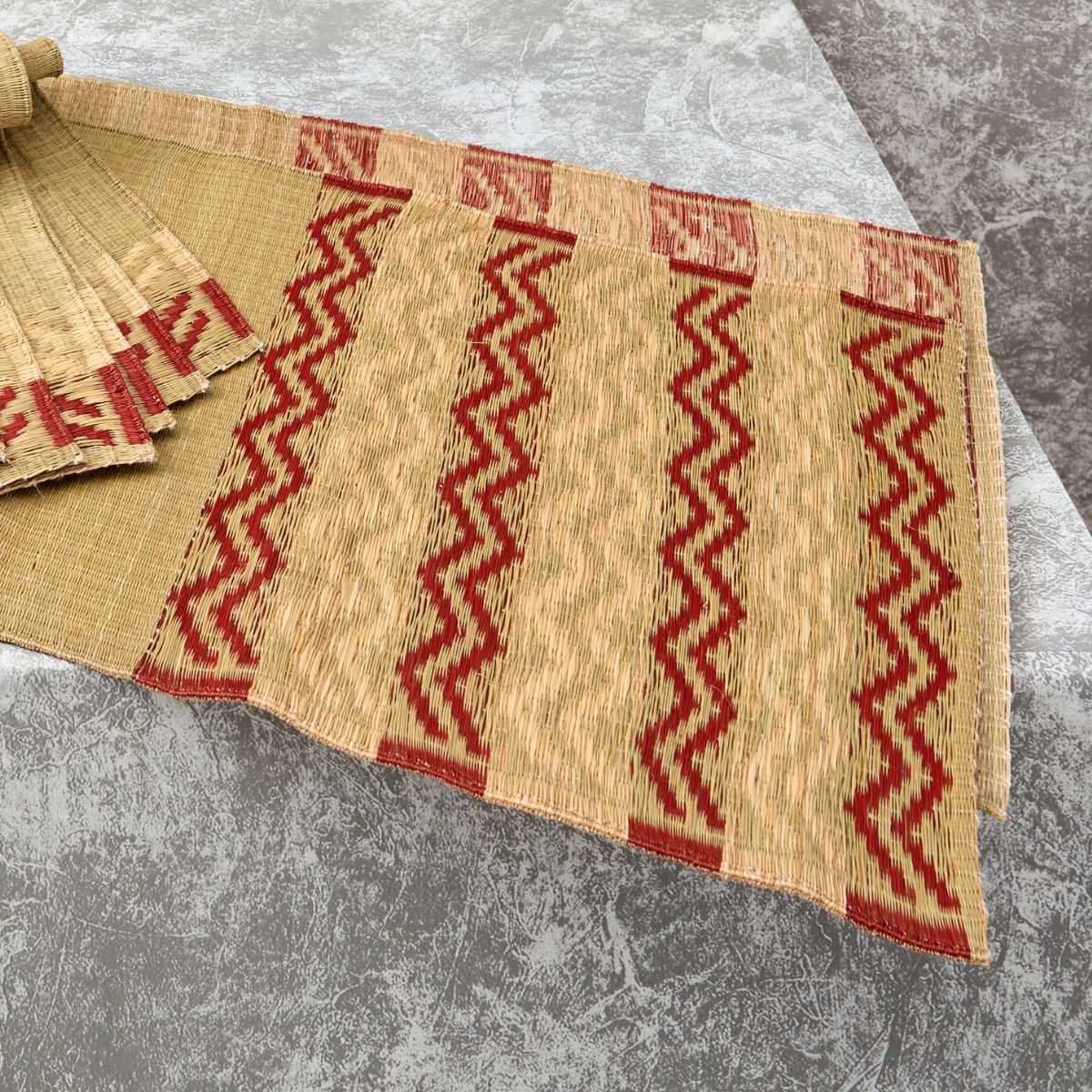 Handwoven Madur Runner and Mats Set (Beige with Red Border)