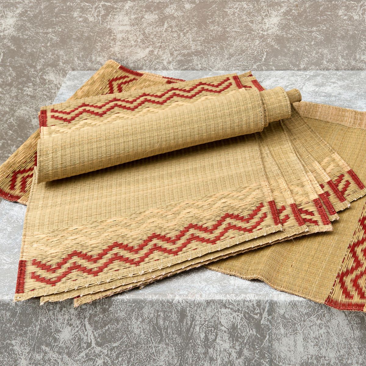 Handwoven Madur Runner and Mats Set (Beige with Red Border)