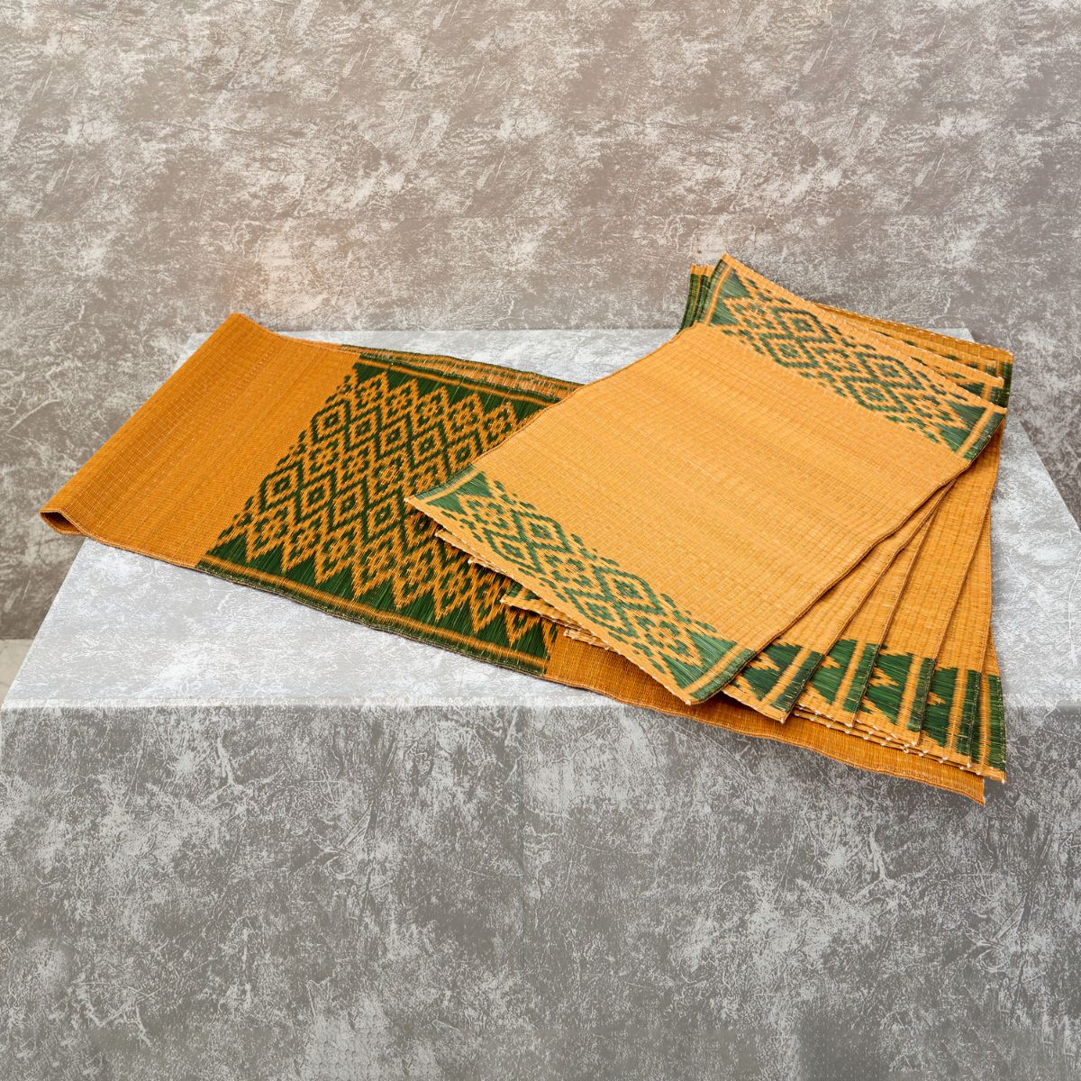 Handwoven Madur Runner and Mats Set (Mustard)