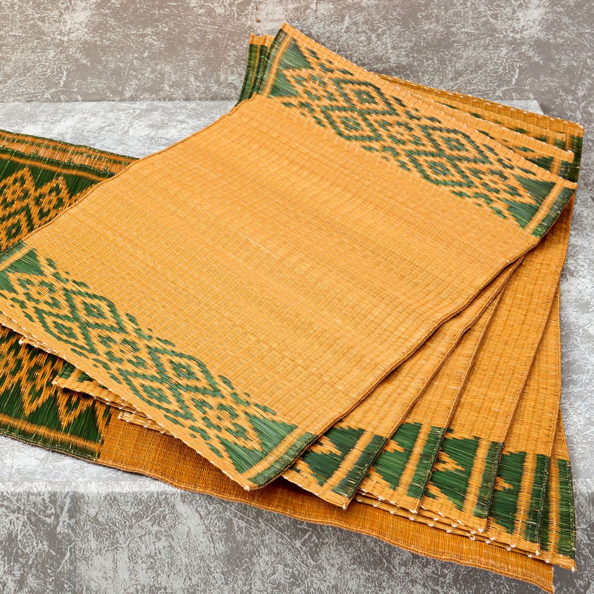 Handwoven Madur Runner and Mats Set (Mustard)