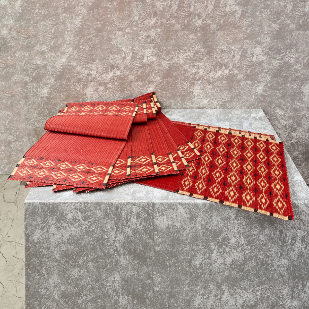 Handwoven Madur Runner and Mats Set (Red Pattern)