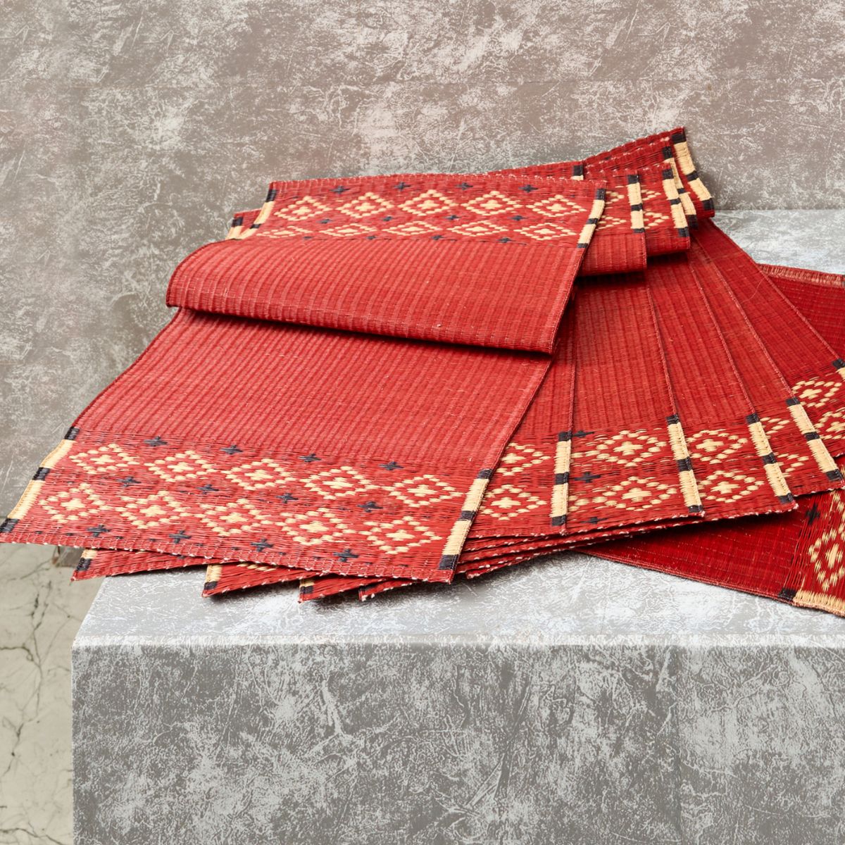 Handwoven Madur Runner and Mats Set (Red Pattern)