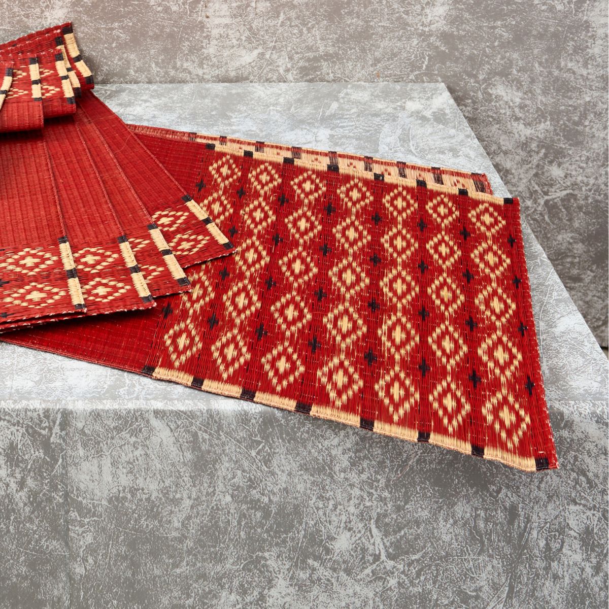 Handwoven Madur Runner and Mats Set (Red Pattern)