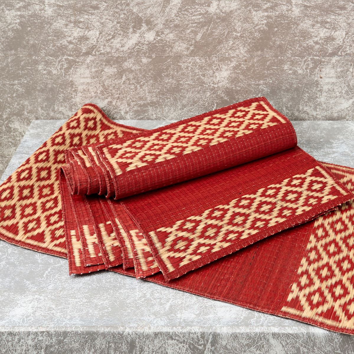 Handwoven Madur Runner and Mats Set (Red Beige)