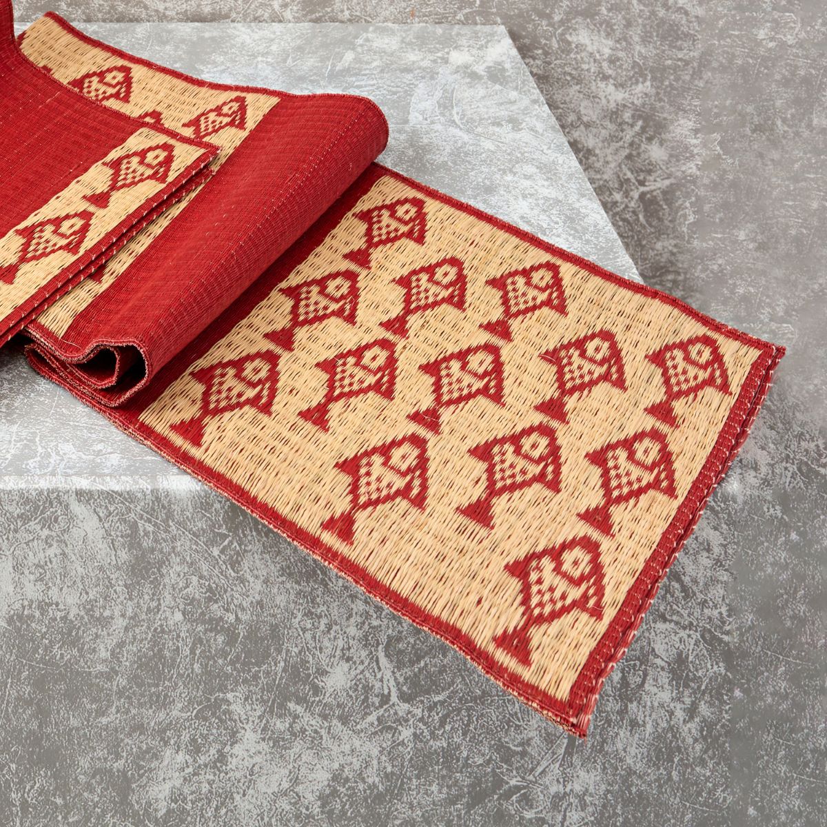 Handwoven Madur Runner and Mats Set (Red Fish)