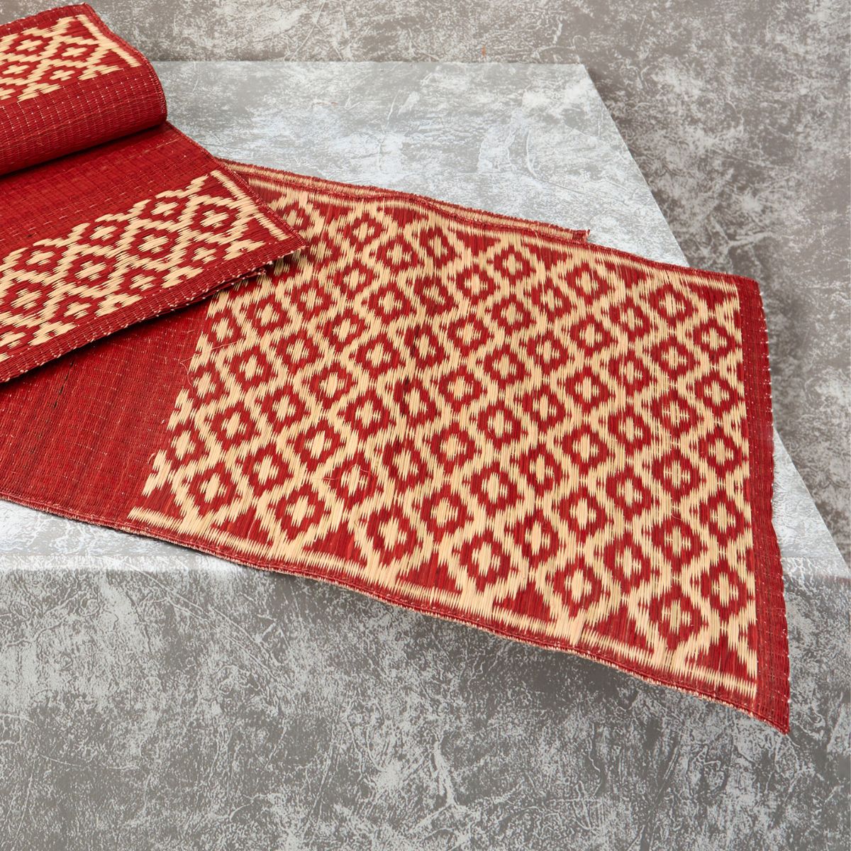 Handwoven Madur Runner and Mats Set (Red Beige)