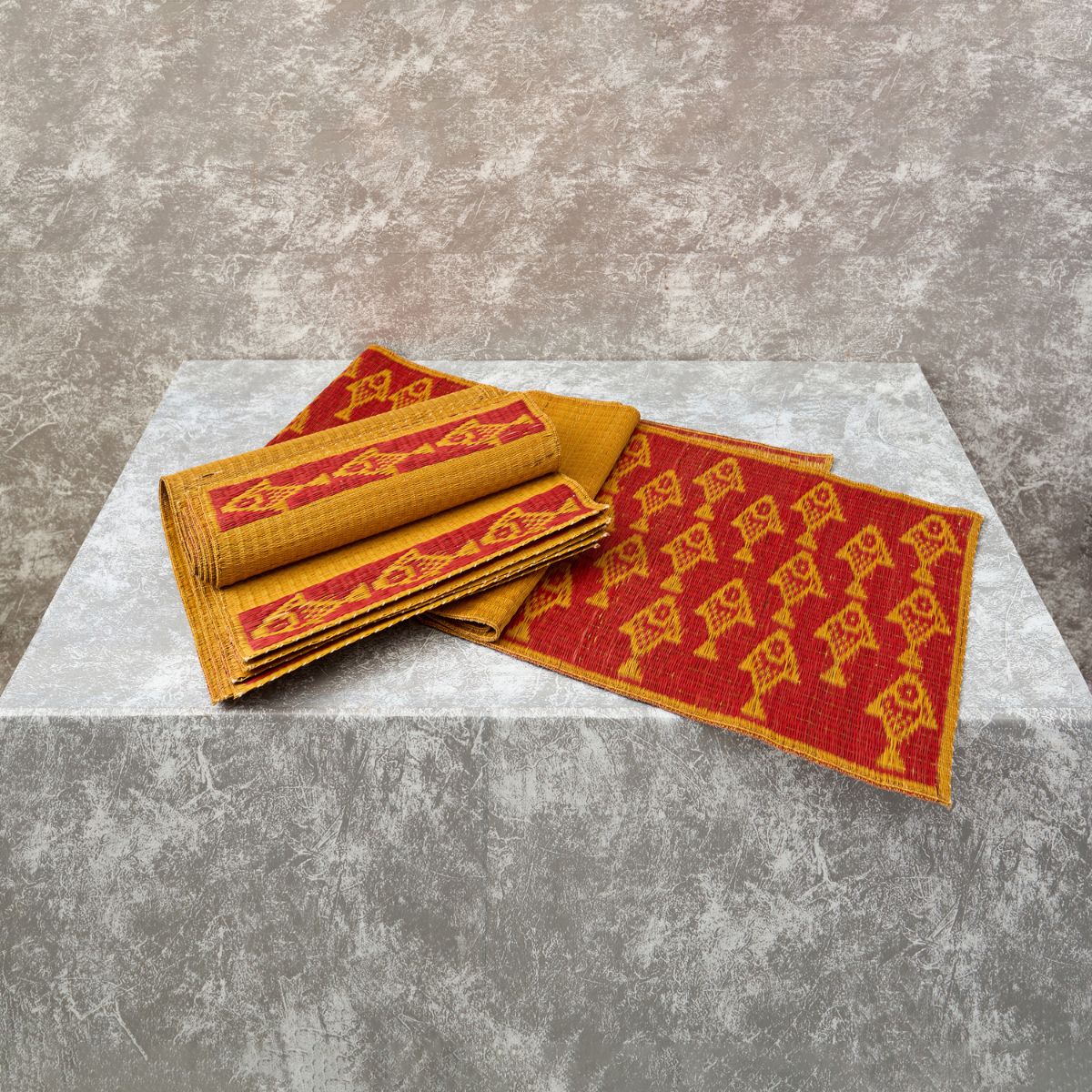 Handwoven Madur Runner and Mats Set (Yellow Fish)