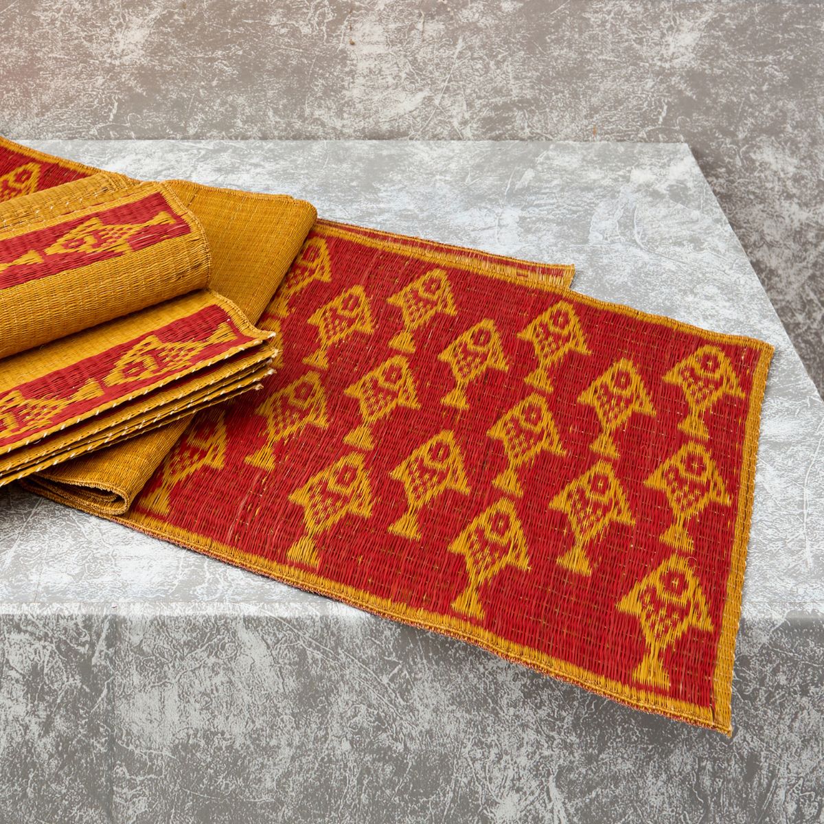 Handwoven Madur Runner and Mats Set (Yellow Fish)