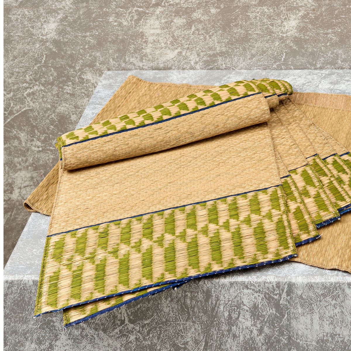 Handwoven Madur Runner and Mats Set (Green Pattern)