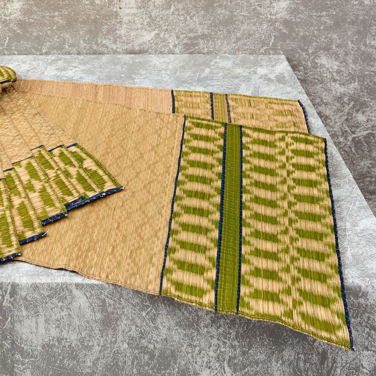 Handwoven Madur Runner and Mats Set (Green Pattern)