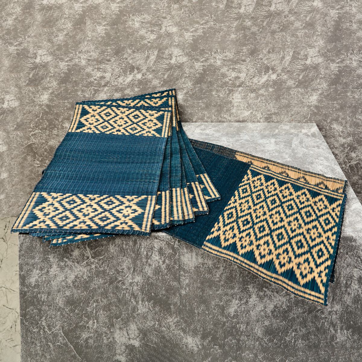 Handwoven Madur Runner and Mats Set (Navy Pattern)