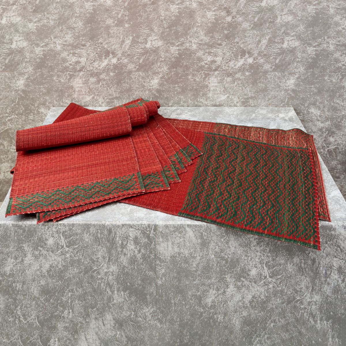 Handwoven Madur Runner and Mats Set (Red and Green)
