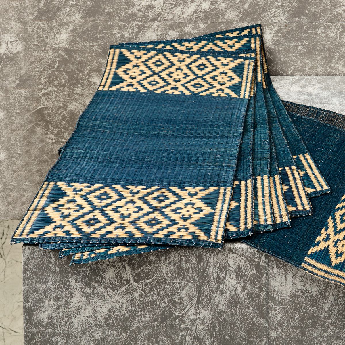 Handwoven Madur Runner and Mats Set (Navy Pattern)