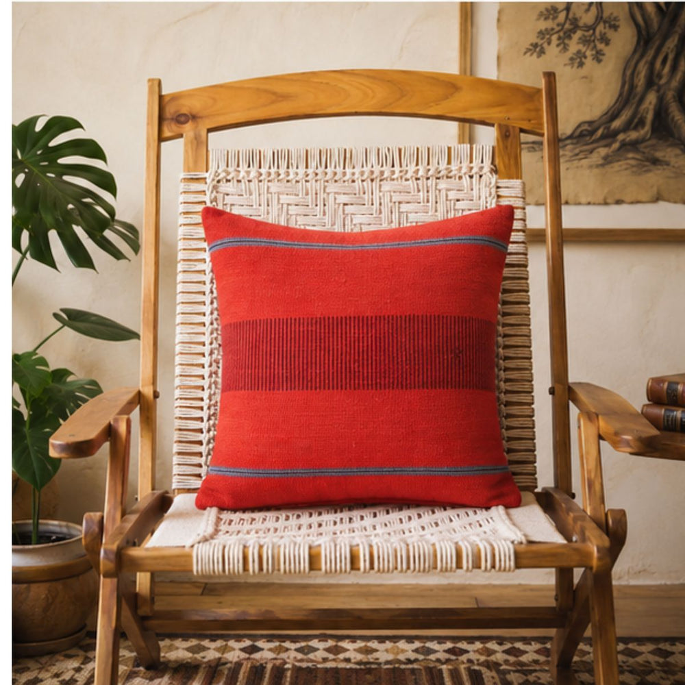 Handwoven Dhokra Cushion Cover (Crimson)- 16"