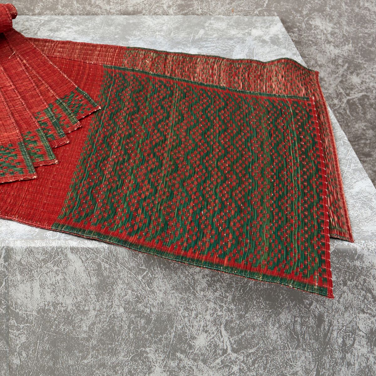 Handwoven Madur Runner and Mats Set (Red and Green)