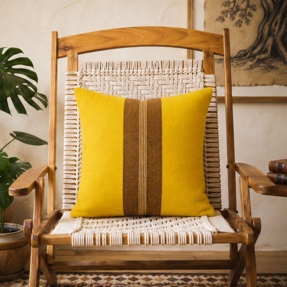 Handwoven Dhokra Cushion Cover (Yellow)- 16"
