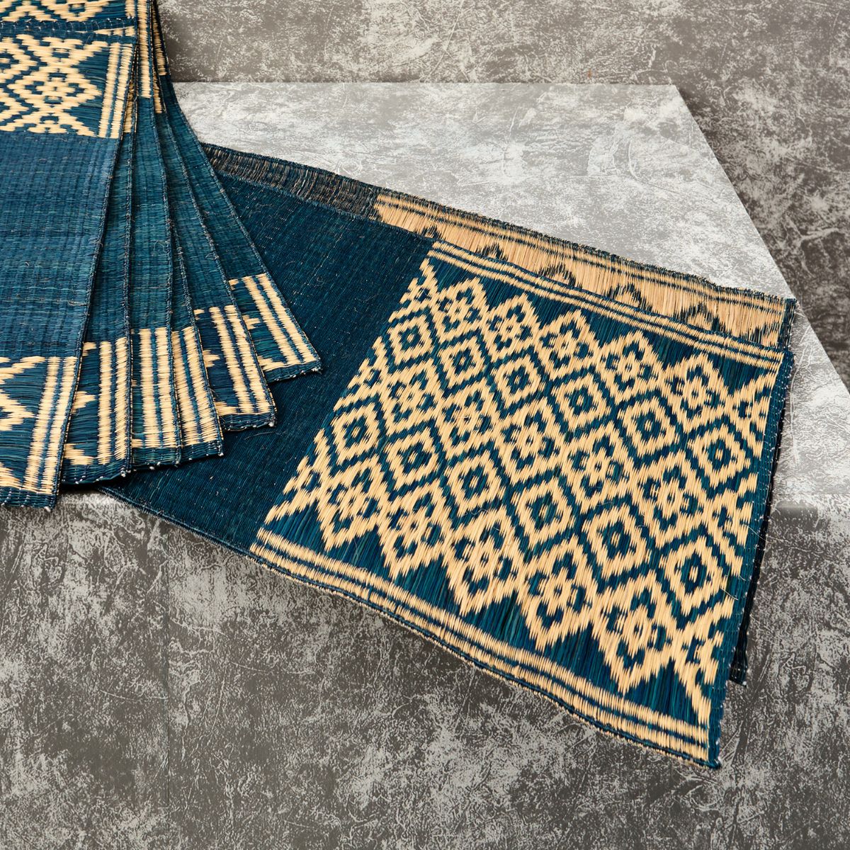 Handwoven Madur Runner and Mats Set (Navy Pattern)
