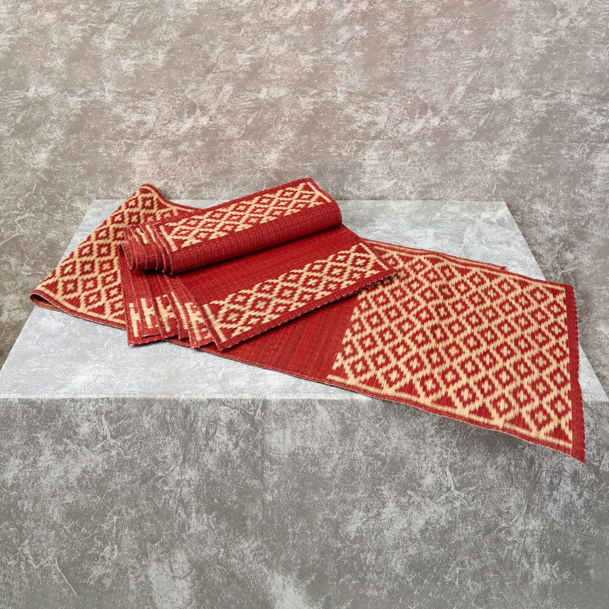 Handwoven Madur Runner and Mats Set (Red Beige)