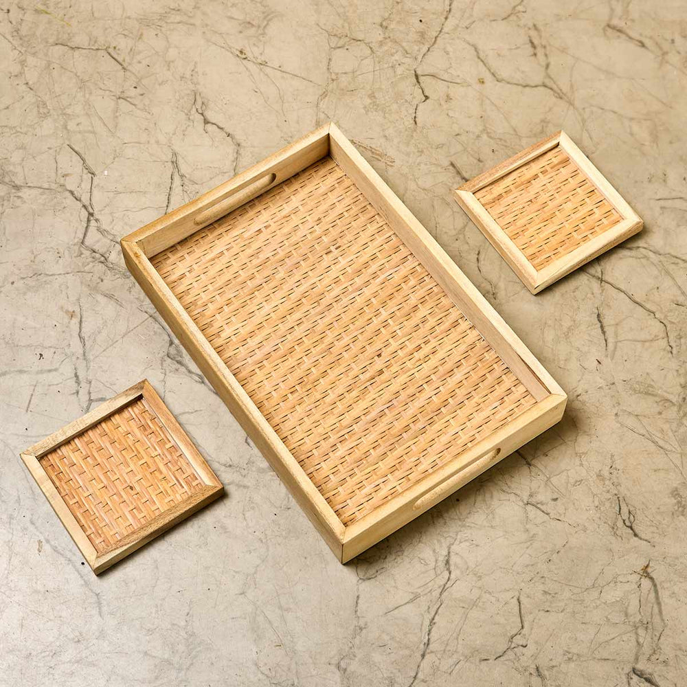 Wooden Framed Cane Coaster and Tray Set
