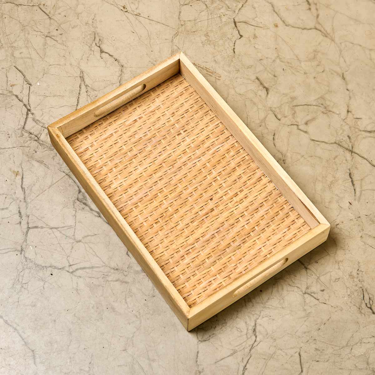 Wooden Framed Cane Coaster and Tray Set