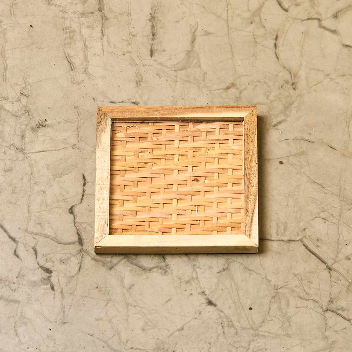 Wooden Framed Cane Madur Coaster (Set of 2)