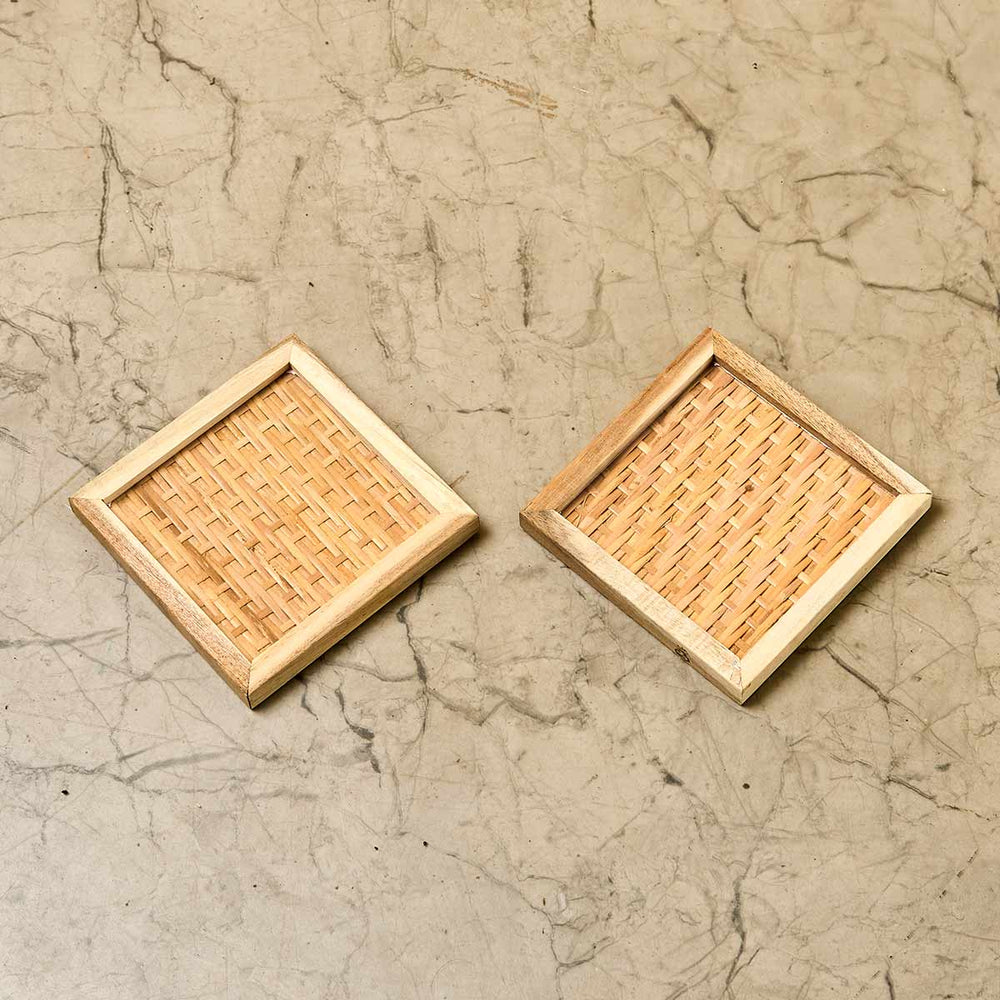 Wooden Framed Cane Madur Coaster (Set of 2)
